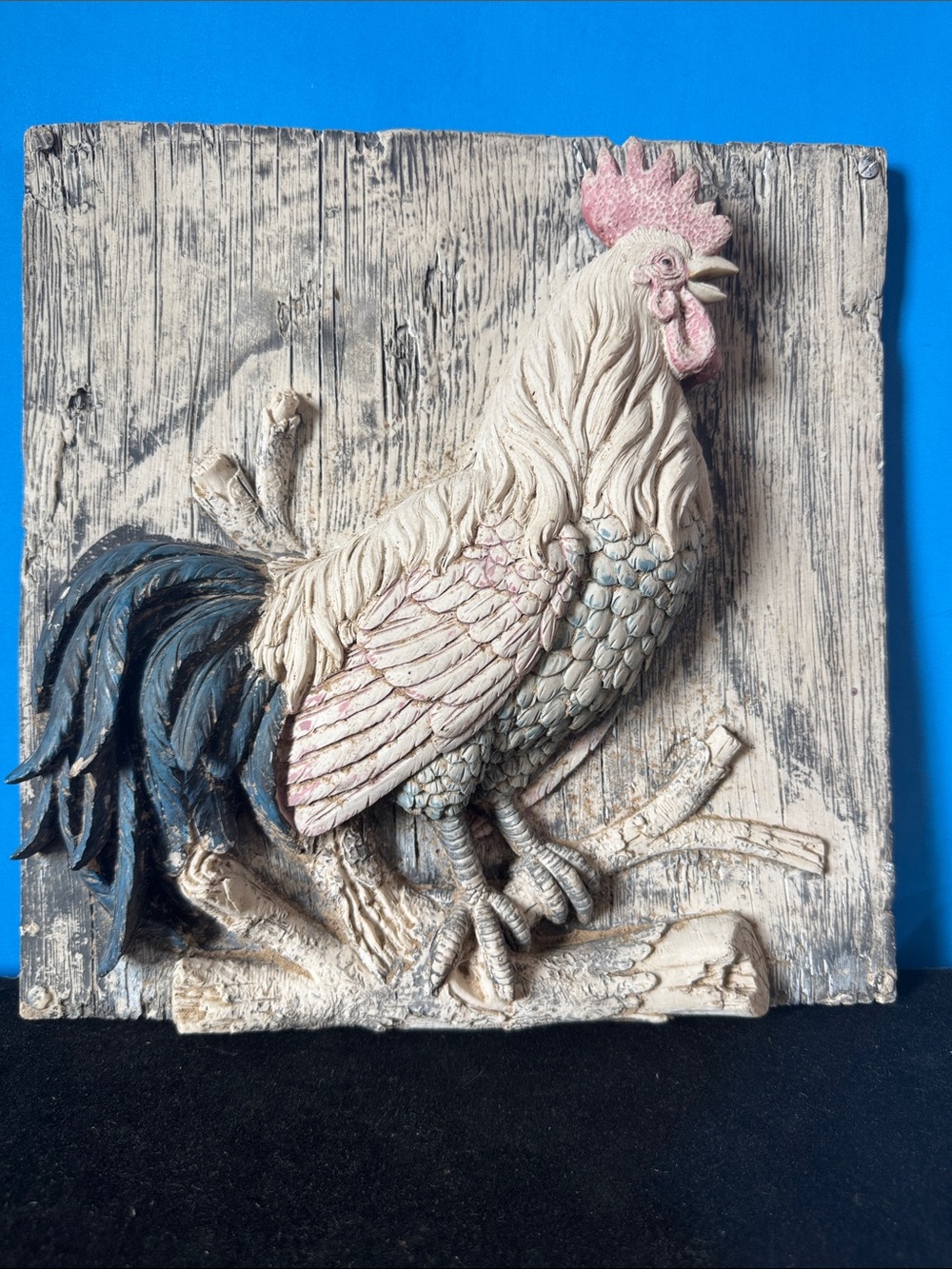 Rare Vintage Chippy Rustic 3D Rooster Wall Plaque - Neutral Cream with Blue Tail